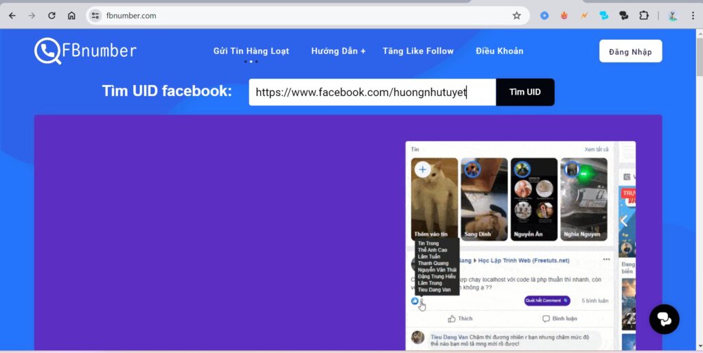 Tìm id facebook trên thanh tìm kiếm của ứng dụng FBnumber
