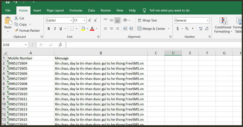 Mẫu file excel chứa dữ liệu gửi tin nhắn sms hàng loạt bằng phần mềm FreeSMS