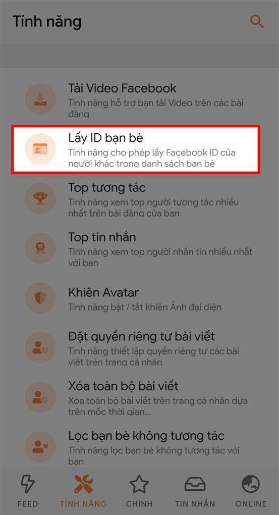 Lay id fb trên điện thoại với ứng dụng Monokai Toolkit trong mục lấy id bạn bè