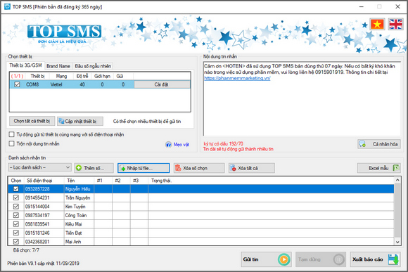 Phần mềm nhắn tin hàng loạt TOP SMS