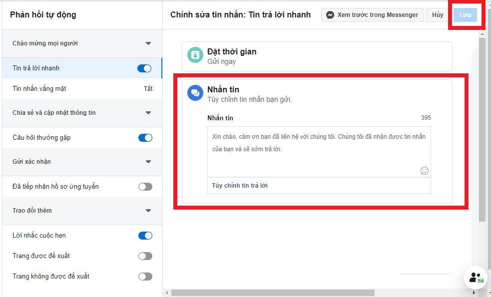 Cài đặt trả lời tin nhắn nhanh Facebook