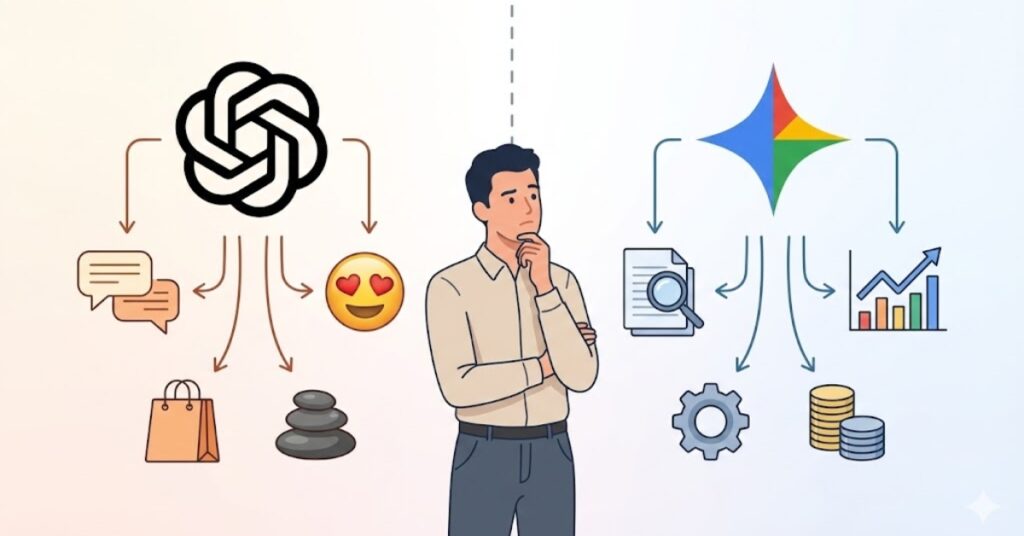Người dùng đang phân vân lựa chọn giữa hai công cụ AI: ChatGPT (biểu tượng OpenAI, tập trung vào giao tiếp cảm xúc, bán hàng) và Google Gemini (biểu tượng Google, tập trung vào phân tích dữ liệu, kỹ thuật).
