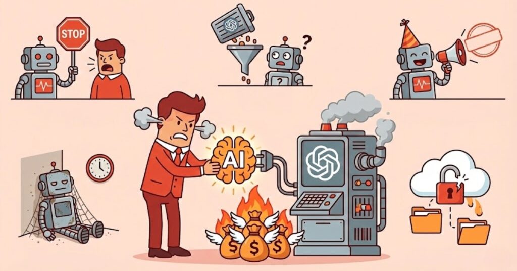 Hình ảnh hoạt họa cảnh báo các sai lầm khi tự tích hợp AI: dữ liệu đầu vào bẩn, thiếu bảo mật thông tin, chatbot hoạt động không kiểm soát dẫn đến lãng phí ngân sách.