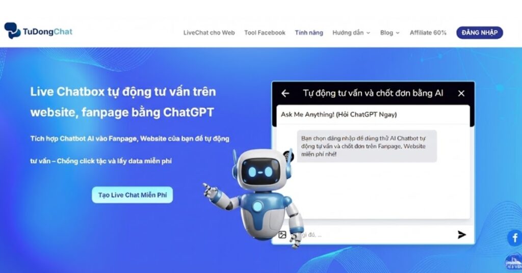 Nhân vật robot 3D thân thiện đang chỉ dẫn trên giao diện trang chủ website Tudongchat, làm nổi bật nút "Tạo Live Chat Miễn Phí" và khung chat demo tích hợp ChatGPT.