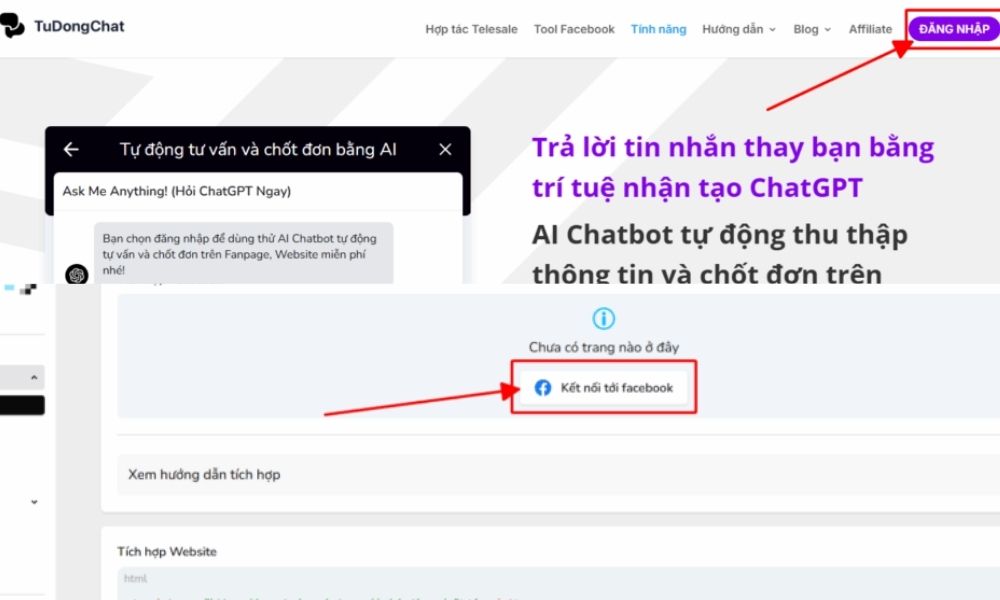Đăng nhập Tudongchat và chọn kênh tích hợp chatbot