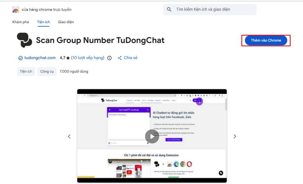 Cài đặt extention Tudongchat