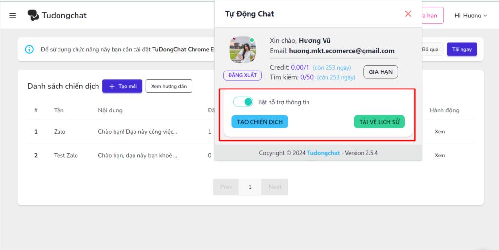 Kiểm tra extension Tudongchat