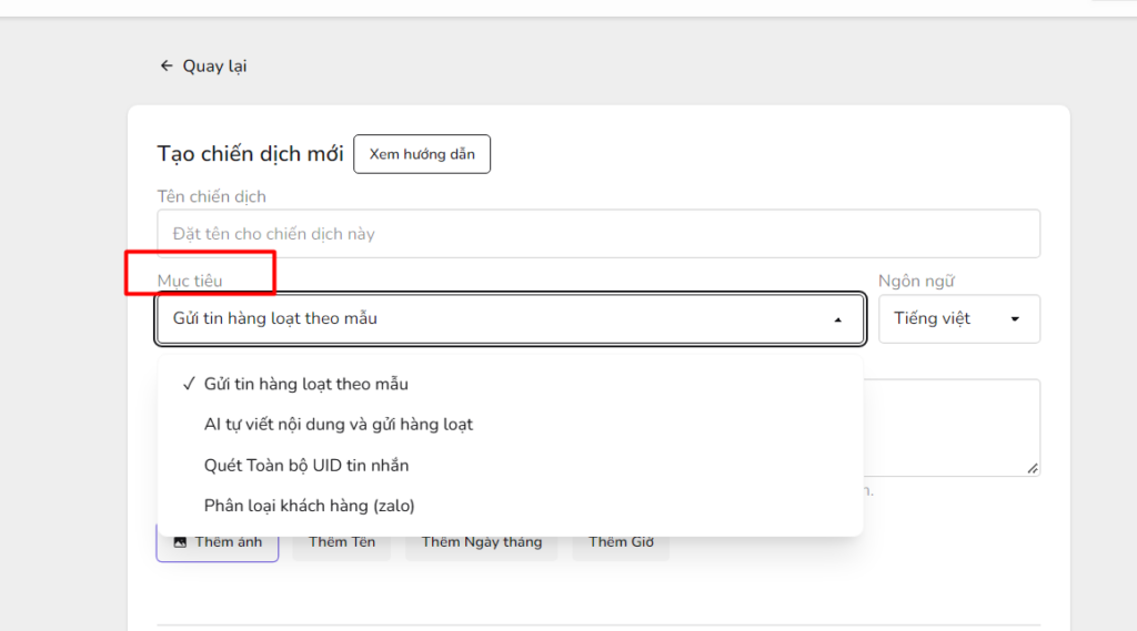 Thiết lập trường mục tiêu gửi tin nhắn